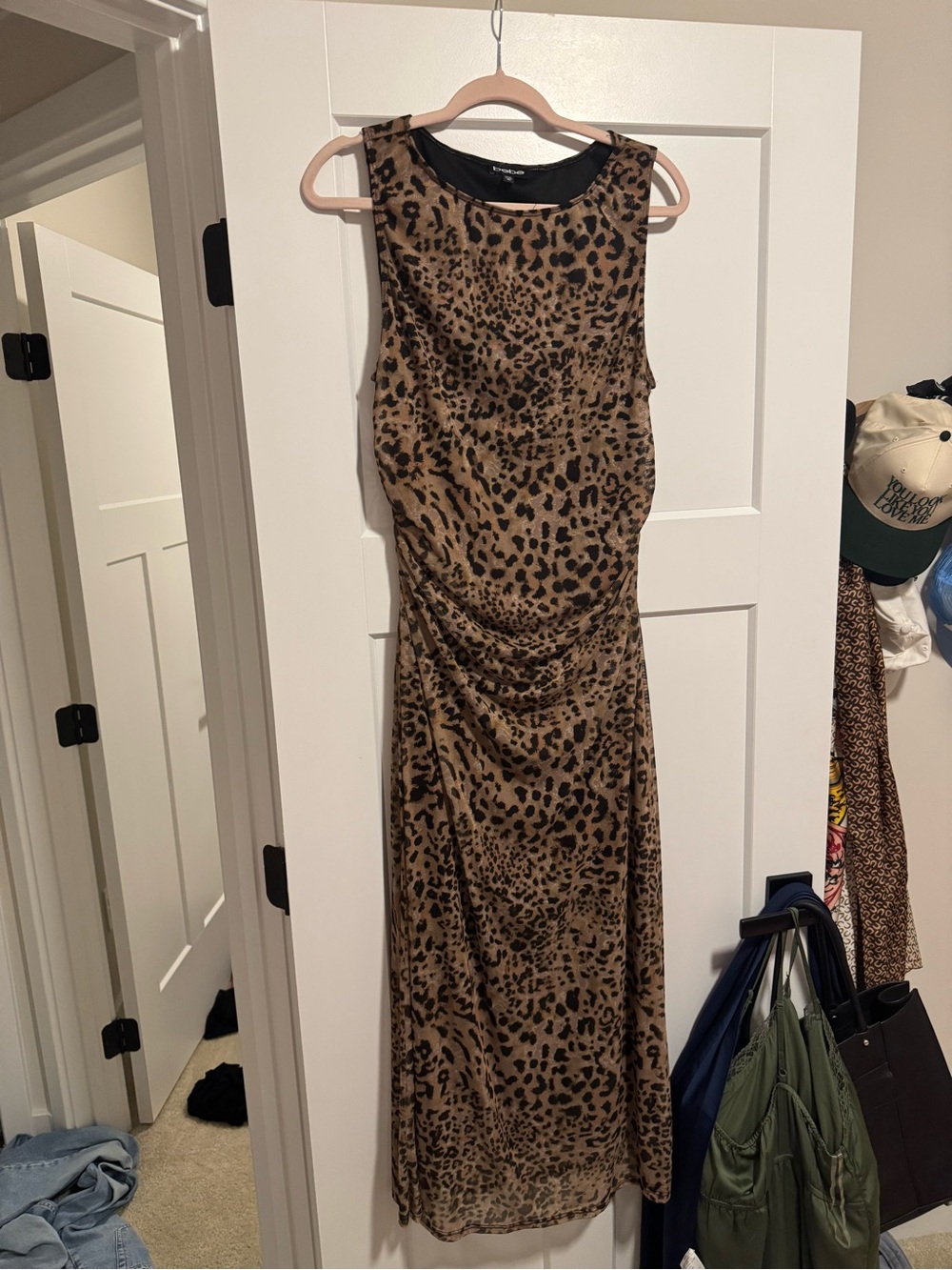 bebe Leopard Print Sleeveless Maxi Dress in Tan and Black
